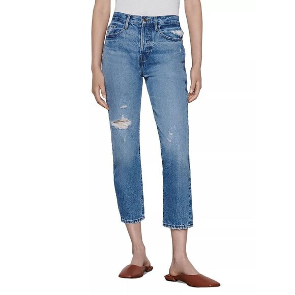 NWTD FRAME Size 29 Le Original High Rise Cropped Straight Leg Jeans Bluejay Rips - Picture 1 of 16